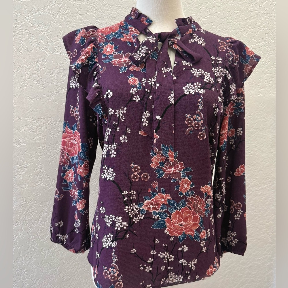 Monteau Top Plum Floral Blouse Purple Pink with Ruffle & Bow Large Blossom